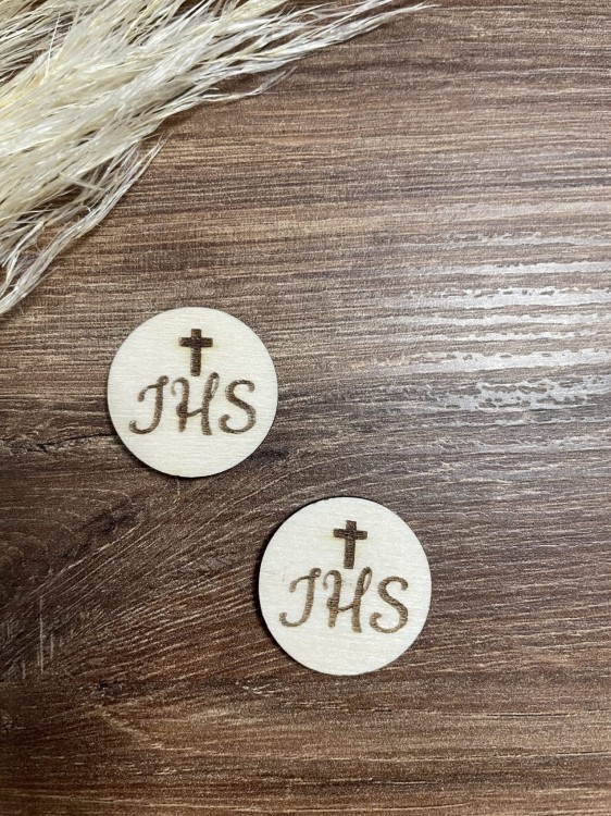 Emblemat okrągły z grawerem IHS. Hostia. Wzór 2. Materiał sklejka drewniana Wielkość 2cm