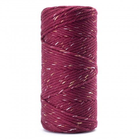 Jeżynowy z złotą i srebrną nicią 480. Sznurek bawełniany 3mm skręcany pojedyńczy.  100m.
